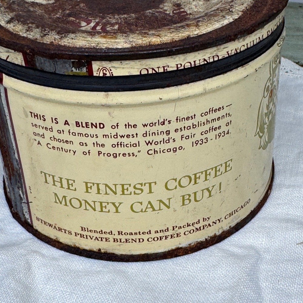 Vintage Stewarts Private Blend Coffee Tin 1933 Chicago World Fair 1# Empty Rusty - Picture 4 of 5
